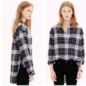 Madewell navy Wheaton plaid popover half button smock neck top xs